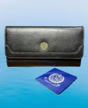 Medallion Women Black Leather Tri-Fold Wallet Black Brass Snap
