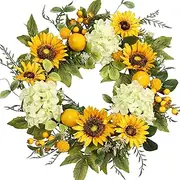 Pudate Sunflower Wreath with Hydrangeas, Lemons, Big Berry,Summer Wreath for Front Door, Unique Housewarming Gift,mother'day Gift,Farmhouse Porch Decor, Wall Decor-22IN