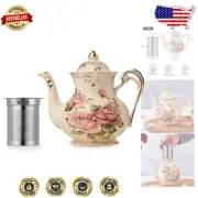 Premium Ceramic Floral Teapot – 42oz with Antique Stainless Steel Infuser