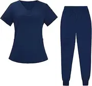 [Tadill] Women Scrubs Suit Set Nurse Work Clothing Machine Washable Workwear Nurses Week Gift, Navy Blue, S