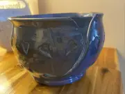 Art Studio Pottery Cobalt Blue Yarn Knitting Crochet Holder Wool Bowl Stamped
