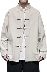 [Generic] Tang Suit,Spring and Autumn Chinese Style Men's Clothing Retro Chinese Shirt Large Size Tang Suit Long-Sleeved Jacket(Pink,Gray-Blue,Beige)