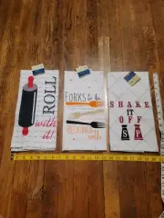 3 PC Flour Sack Set "FORKS TO BE RECKONED WITH" "ROLL WITH IT" "Shake it Off"