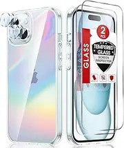 LeYi for iPhone 15 Case: with 2 PCS Tmepered Glass Screen Protection & 2 PCS Camera Lens Protector, Rainbow Laser Color Crystal Clear Slim Translucent Shockproof para iPhone 15 Case