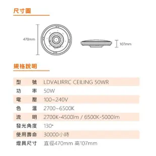 【Osram 歐司朗】LED 50W 調光調色吸頂燈 全電壓 1入組(LED 50W 吸頂燈 附遙控器)