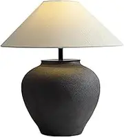 Rustic Black Table Lamp 20.86" Tall Farmhouse Handmade Ceramic Bedside Lamp with Off White Drum Shade for Living Room Bedroom