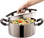 Stainless Steel Cookware Pasta Pot by Cyrder – 5 Quart, Strainer in Glass Lid, Two Side Spouts, Capsule Bottom Stock Pot, Durable & dishwasher safe