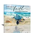 Tourrest Scripture Holy Bible Wall Art Teal Sea Turtle Walk by Faith Canvas
