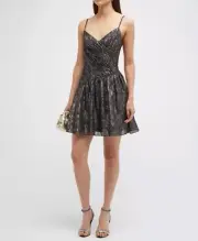 Aidan By Aidan Mattox Pleated Metallic Chiffon Asymmetric Mini Dress 8 NWT $295