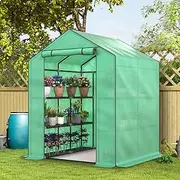 ALFORDSON Greenhouse Garden Shed Cover, Walk-in Tunnel Green House with Storage Rack, Steel Frame Grow Tent for Gardening Plants Flowers, 1.45x1.45x2M