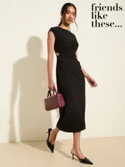 Friends Like These Black Tailored Jersey Twist Front Hardware Midi Dress (F20664) | $111