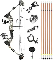 Archery Bowfishing Bow Kit with Arrow Complete Compound Bow Fishing Kit Right/Left Handed 20-70 LBS Draw Length 24"-30"Adjustable Axle-to-Axle 34" (Left Handed, camo)