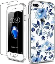 GiiKa iPhone 8 Plus Case, iPhone 7 Plus Case with Screen Protector, Clear Heavy Duty Protective Case Floral Girls Women Hard PC Case with TPU Bumper Cover Phone Case for iPhone 8 Plus, Blue Flowers