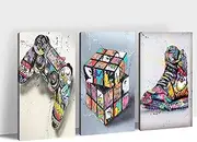Multi Panel Graffiti Canvas Wall Art - 3 Piece Graffiti Pop Street Art Canvas Prints for Wall Decor, Cool Framed Artwork for Boys Bedroom Man Cave Ready to Hang 12x18 Inches x 3Panel