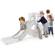 Babyjoy 6-in-1 Kids Slide Set L-shaped Slide Center w/Basketball Hoop Toddler Playground Grey