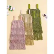 1-6Y Girls Sequin Fringe Dress Sparkling Tassel Sleeveless Latin Dancewear AU