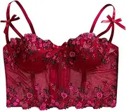 [bawilom] Women Vintage Floral Embroidery Corset Top Sheer Mesh Push Up Bustier Bralette Sexy Lingerie Crop Top Party Clubwear