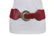 Women Belt Hip High Waist Antique Gold Metal Round Buckle Elastic Red Color M L