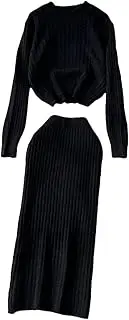 [keusyoi] Winter Thick Warm Suits O-Neck Full Sleeve Loose Pullover+Bodycon Long Slim Skirt Solid Women Basic Sets