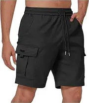 [Generic] Men's Cargo Shorts Casual Elastic Waist Multi Pocket Combat Work Shorts Fashion Linen Chino Shorts Black,S, Black/White, Small