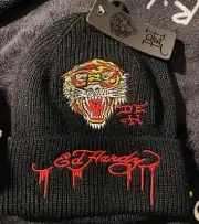 Ed Hardy One Size Embroidered Tiger Winter Beanie Hat Black Iconic Y2K NWT