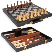 Chess Checkers Backgammon Set 3-In-1 Board Games Sets for Kids & Adults，15" Fold