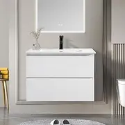 Bathroom Vanity 750mm Length Unit Wall Mounted Floating Vanity with Ceramic Sink and Two Drawers-Modern Bathroom Storage Vanity, with 15mm Plywood Board Smooth Edges Water-White
