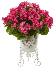 Nearly Natural Indoor/Outdoor UV-Resistant Geranium with Metal Planter
