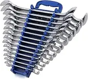 14-Piece Premium Angle Head Open End Wrench Set, Chrome Vanadium Steel | Include Standard Inch Sizes 3/8, 7/16, 1/2, 9/16, 5/8, 11/16, 3/4, 13/16, 7/8, 15/16, 1, 1-1/16, 1-1/8, 1-1/4 with Storage Rack
