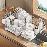 Dish Drying Rack, Extendable Dish Rack, Large Capacity Dish Drainer Rack for Kitchen Counter, Dish Racks with Drain Board, Drainage Spout and Cutlery Holder White