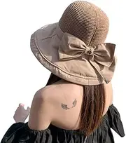 [Ling88] Summer Sun Hats for Women Bowknot Hollow Out Floppy Caps Large Brim Foldable Anti-Uv Beach Hat Female Panama Bucket Hat Bonnet,Sun Hat Big Brim Hat-1