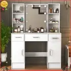 Makeup Vanity Desk Dressing Table Stool Set With LED Slide Mirror + 3 Drawers