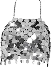 [Perfeclan] Bra Tops Camisole Cami Top Spaghetti Strappy Shiny Crop Halter Top Sequin Crop Top for Club Festival Halloween Dance Party