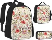 [ERCgad] Modern Floral Print Canvas 3-In-1 School Bags Set Backpack Lunch Bag Pencil Case Combo For Men Women, Black, One Size