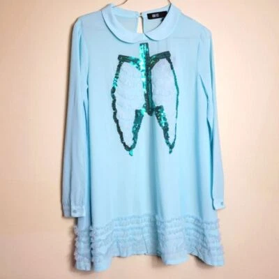 New Dead Mermaid Walking long sleeve babydoll Dress Sheer Blue ruffle shimmer