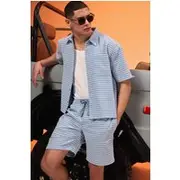 Mens Light Blue Oversized Boxy Micro Check Shirt & Short Set