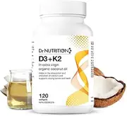 Vitamin K2 (MK7) D3 in Organic Virgin Coconut Oil, Rapid Bone and Heart Health Formula, Helps Absorb and Utilize Calcium, Supports Immunity, Improves Mood - 120 Softgels - Dr Nutrition 360