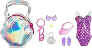 Barbie Clothes Set, Beach-Themed with Swimsuit, 5 Acessories & Zippered Doll-Sized Shell-Shaped Bag with Clip-On Ring, Iridescent, Multicolor