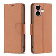 For iPhone 16 Case, PU Leather Lychee Cover, Brown