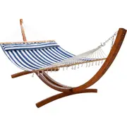 12 ft Wooden Arc Hammock Stand & King Quilted Hammock in Hamptons Stripe