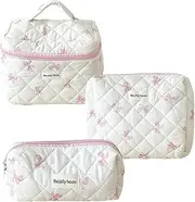 Bow Tie Makeup Bag Set,Makeup Pouch,Quilted Cosmetic Pouch,Organizer Bag,Large Toiletry Bag,for Women Girls, Bow-Pink, Daily,Easy to Storage (Pink and White)