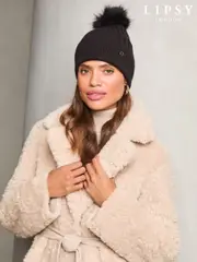 Lipsy Black Cosy Ribbed Bobble Hat With Wool (E10591) | $17