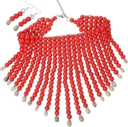 [SAFIGLE] Wooden Beaded Collar Necklace Set Choker Necklace Wood Bead Drop Earrings Jewelry Set for Women
