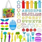 71PCS Play Dough Tools for Kids,Playdough Tool Set with Animals Shapes Alphabets 3D Dinosaurs Egg Molds&Scissors Cutters Rolling Pins Noodles Extruder Rollers with A PVC Bag