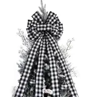 Christmas Checked Tree Topper,48x13 Inches Large Toppers Bow ,Black and White