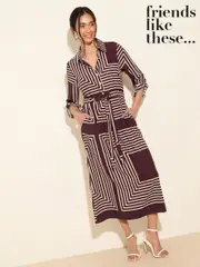 Friends Like These Purple Geo Long Sleeve Button Through Midi Shirt Dress (F47898) | $106