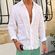 Men's Shirt Linen Shirt Summer Shirt Beach Shirt Untucked Shirts Plain Vacation Casual Black White Pink Royal Blue Long Sleeve Lapel Spring Summer Clothing Ap