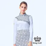 【KING GOLF】實體同步款-女款滿版圓點幾何立領拉鍊薄款長袖POLO衫/高爾夫球衫(白色)