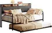[LIKIMIO] Daybed with Trundle, Sturdy Metal Twin Bed Frame with Upholstered Headboard and Charging Station for Living Room, Bedroom and Guest Room, Black