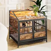 FOUBAM Dog Crate Furniture, Metal and Wooden Dog Cage with LED Light, Dog Kennels with Removable Tray, Pet Puppy Crate End Table for Small Dog, Heavy Duty Dog House, Rustic Brown and Black